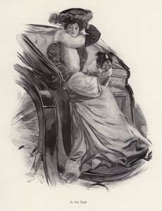 Kvinde sidder i en vogn med sin hund (litho) af Harrison Fisher