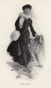 Kvinde går tur med sin grove colliehund om vinteren (litho) af Harrison Fisher
