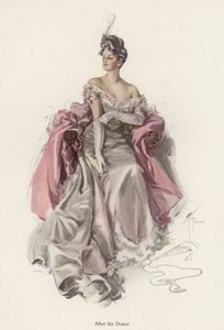 Kvinde iført aftenkjole efter dansen (farve litho) af Harrison Fisher