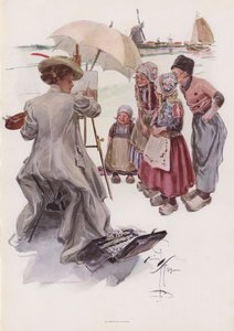 Ung amerikansk kvinde maler en hollandsk scene (farve litho) af Harrison Fisher
