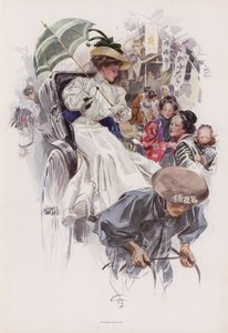 Ung amerikansk kvinde rider i en japansk rickshaw (farve litho) af Harrison Fisher