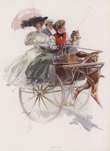 Ung amerikansk kvinde kører i en koncert eller lignende en hestevogn i Irland (farve litho)