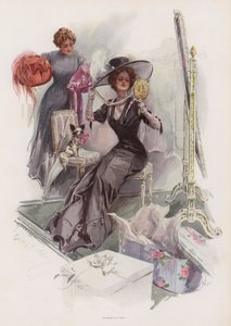 Ung amerikansk kvinde prøver hatte på hos en fransk møller (farve litho) af Harrison Fisher