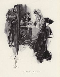 Ung kvinde får sin fremtid fortalt af en sigøjner (litho) af Harrison Fisher