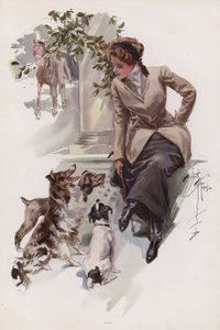 Ung kvinde i sin ridevane sidder med sine hunde (farve litho) af Harrison Fisher