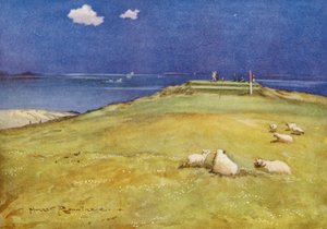 Golfbaner: Gullane, sjette green og syvende tee (farvelitografi)