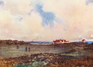 Golfbaner: Portmarnock, det andet slag på det attende hul (farvelitografi)