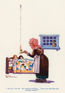 Enken og hendes små jomfruer (farve litho) af Harry Rountree