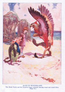 Den falske skildpadde og Gryphon begyndte højtideligt at vende rundt og rundt Alice (farve litho)