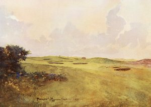 Golfbaner: Andrews, set tilbage fra den tolvte green (farvelitografi)