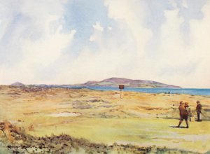 Golfbaner: Dollymount, første tee, kigger mod Howth (farvelitografi)