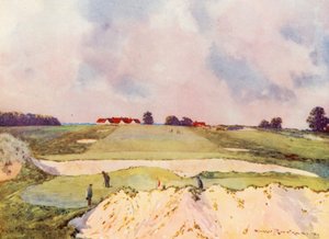 Golfbaner: Sandy Lodge, den første green, set mod klubhuset (farvelitografi)
