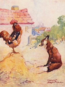 Ræven og hanen (farve litho)