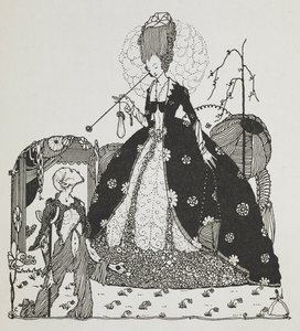 En dame kigger ned på en bonde og tigger om penge. af Harry Clarke