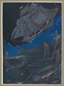 En illustration, der viser et skib på havet og fisk under det. af Harry Clarke