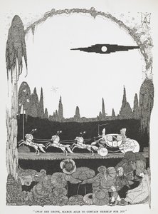 "Væk kørte hun, næsten ikke i stand til at rumme sig af glæde." Illustration til historien Askepot eller den lille glastøffel«. af Harry Clarke