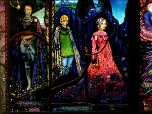 Detalje fra Geneve-vinduet, der viser The Dreamers af Lennox Robinson (1886-1958) og grevinde Cathleen af W.B. Yeats (1865-1939)