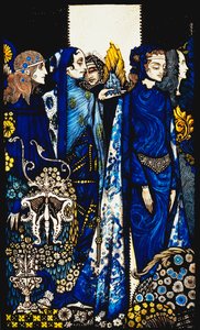 Etain, Helen, Maeve og Fand, Golden Deirdres ømme hånd. "Queens", ni glaspaneler syrnede, farvede og malede, illustrerer J.M. Synges digt, 1917 af Harry Clarke