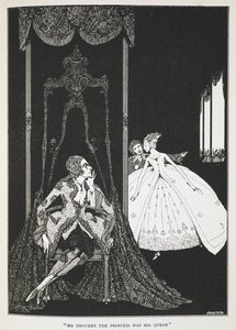 "Hän luuli, että prinsessa oli hänen kuningattarensa." Tarinan kuvitus, "aasi-nahka". af Harry Clarke