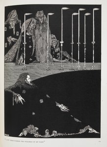 "Jeg så dem skabe stavelserne i mit navn". Illustration til historien, "graven og pendulet". af Harry Clarke