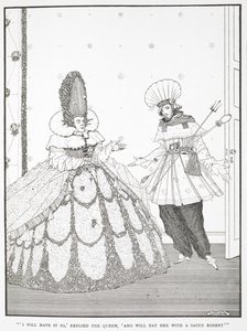 "Minä syön sen niin", vastasi kuningatar, "ja syön hänet Robert-kastikkeen kanssa." Kuvitus tarinalle "nukkuva kaunotar puussa". af Harry Clarke