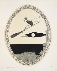 "Hvis jeg havde et kosteskaft". Illustration til et digt Af Patrick R. Chalmers. En dreng på et kosteskaft af Harry Clarke