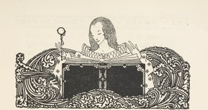Illustration, der viser en kvinde, der læser en bog, øverst på indholdssiden. af Harry Clarke