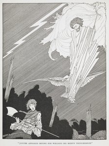 "Jupiter dukkede op foran ham med sine mægtige tordenbolte." Illustration til "de latterlige ønsker." af Harry Clarke