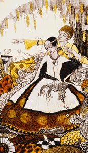 Syv hundedage lod vi passere, og navngav Queens i Glenmacnass." "Queens", ni glaspaneler syrnede, farvede og malede, Illustrerende J.M. Synges digt, 1917 af Harry Clarke