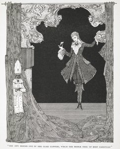 "Hun efterlod sig en af sine glastøfler, som Prinsen tog mest omhyggeligt op." Illustration til historien, Askepot eller Den Lille Glastøffel. af Harry Clarke