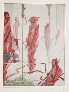 Den døende patriot. "Og de døde klædte sig i rødt og søliljer over hovedet   svaje, når de lange vinde blæser" af Harry Clarke