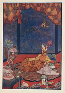 Nightingale. Keinotekoisen linnun paikka oli silkkityynyllä lähellä keisarin sänkyä. af Harry Clarke