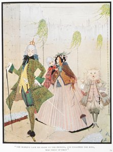 "Markiisi ojensi kätensä ruhtinaille ja seurasi kuningasta, joka nousi ensimmäisenä." Kuvitus tarinalle "mestarikissa tai saappaissa oleva pussi". af Harry Clarke