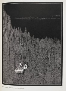 Ylöspäin välähti hehku ja häikäisy. Kuvitus novellelle, "kultavika". af Harry Clarke