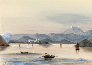 "HMS Tribune finder vej på Chuenpee-floden i Canton (Kina) med robåde og kinesiske junker. af Harry Edmond Edgell
