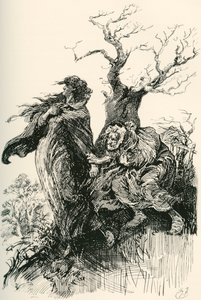 Alice Brown og hendes mor. "Efter et kvarters gang vovede den gamle kone, udmattet og forpustet, at holde i sine skørter; men hun vovede ikke mere, og de rejste videre i tavshed gennem vådt og mulm." Illustration af Harry Furni af Harry Furniss