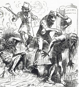 Tegneserie, der viser Themsen og Lea-floderne, der bliver angrebet på grund af deres beskidte tilstand af Harry Furniss