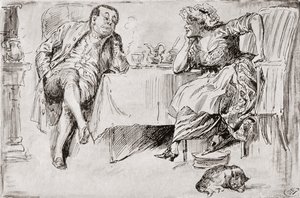 Clemency og Storbritannien. "Du bliver aldrig gift, du ved," sagde hr. Storbritannien. "Tror du dog ikke, jeg nogensinde skal gøre det?" sagde Clemency. "Ikke en chance for det!" "Tænk kun!" sagde Clemency. "Nå! Jeg formoder, at du mener Storbritannien en  af Harry Furniss