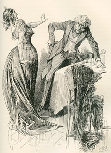 Edith og Mr. Carker. "Han kom lystigt imod hende, da hun på et øjeblik greb kniven op fra bordet og begyndte et skridt tilbage. "Stå stille," sagde hun, "eller jeg myrder dig!" Illustration af Harry Furniss for Charles Dickens roman