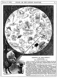 Essence of Parliament: Tegneserie, der markerer åbningen af Parlamentets første session i 1883 (trægravering) af Harry Furniss