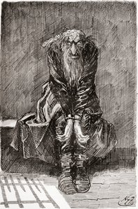 Fagin i den fordømte celle. "Han satte sig på en stenbænk over for døren, som tjente til et sæde og seng, og kastede sine blodskudte øjne på jorden og forsøgte at samle sine tanker." Illustration af Harry Furniss til Charles Dickens-romanen af Harry Furniss