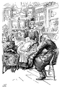 Mr. Riah og Miss Wren ved Six Jolly Fellowship Porters, 1912 af Harry Furniss