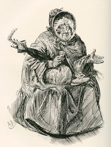 Fru Gamp. Illustration af Harry Furniss til Charles Dickens-romanen Martin Chuzzlewit, fra The Testimonial Edition, udgivet 1910. af Harry Furniss