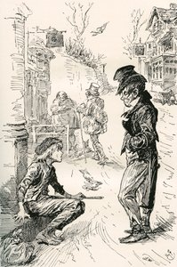 Oliver falder ind med The Artful Dodger. "Hej, min vilje, hvad er rækken?" sagde denne mærkelige unge herre til Oliver. "Jeg er meget sulten og træt," svarede Oliver; tårerne stod i hans øjne, mens han talte. "Jeg har gået lang vej. Jeg har gået af Harry Furniss