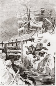 Dødskampen i slusen. "Det har jeg ikke fortalt dig." "Jeg holder dig levende, og jeg holder dig død." råbte Bradley, da Riderhood gik over den glatte grube baglæns, og Bradley Headstone over ham." Illustration af Harry Furniss til Charles Dickens-romanen af Harry Furniss