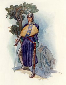 En ridder spærrer vejen (farvelitografi) af Harry George Theaker
