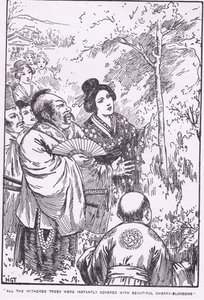 Alle de visne træer blev øjeblikkeligt dækket af smukke kirsebærblomster (Den gamle mand, der fik visne træer til at blomstre) (litografi) af Harry George Theaker
