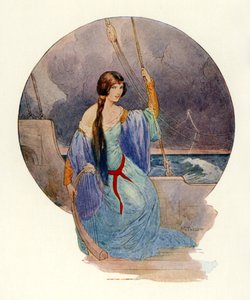 "Til sidst, da et kraftigt lyn indhyllede hele skibet i blå flammer, ophørte sangen pludselig" (farvelitografi) af Harry George Theaker