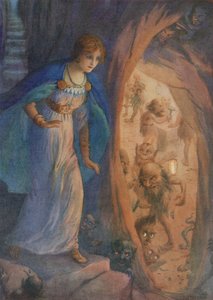 Freyja i dværgenes hule, fra "Freyjas halskæde" (farvelitografi) af Harry George Theaker