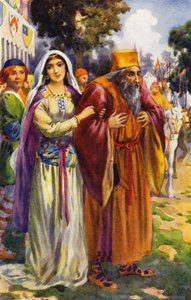 "Han så jøden Isak og hans dejlige datter Rebecca" (farvelitografi) af Harry George Theaker